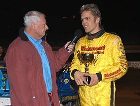 Dennis Newlyn, handling co-announcing duties at Sydney's Valvoline Raceway (Parramatta City Raceway), pictured with NZ Speedcar Champion Michael Pickens. Photo Jo Richards.