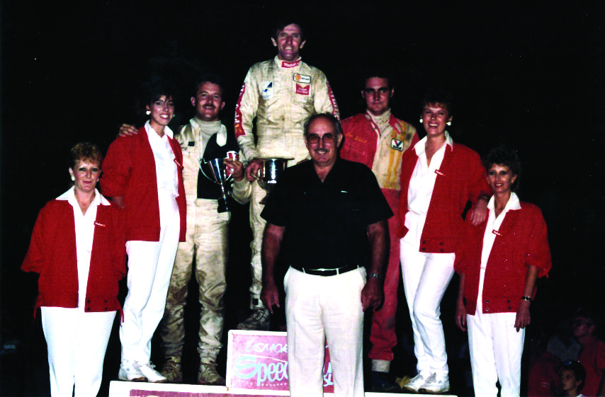 Doing his bit for Winfield: George Tatnell tops the podium after his WSC round victory over Brett Lacey (left) and John Walsh at Lismore.