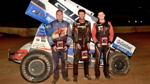 ECS, June 11, 2022 Sprintcar main - left to right . . . Jordyn Brazier (third), winner Brock Hallett and third-placed Lachlan Caunt.