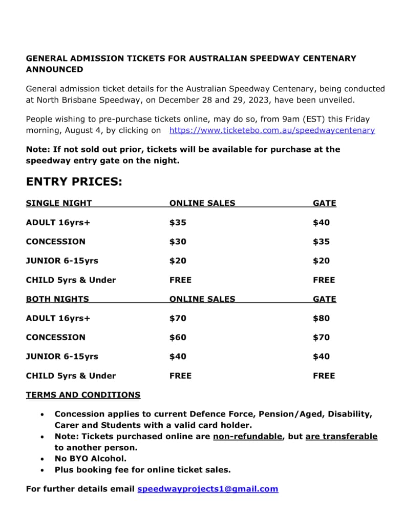 GENERAL ADMISSION TICKETS FOR AUSTRALIAN SPEEDWAY CENTENARY ANNOUNCED ...