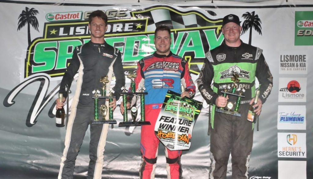AT LEFT, SAM WALSH, (runner-up), winner Jessie Attard (centre) and third-placed Daniel Sayre - Sprintcar main event, Lismore Speedway, November 18, 2023. Photo by Tony Powell.