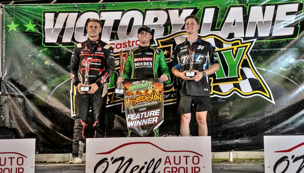 Lismore Speedway - 410 Sprintcar Podium - Jy Corbet 2nd - Lachlan McHugh 1st and Randy Morgan 3rd