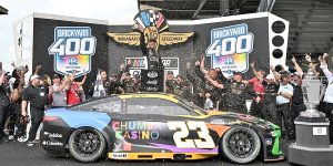 WALLACE HANGS ON TO WIN DRAMATIC BRICKYARD 400 IN DOUBLE OVERTIME